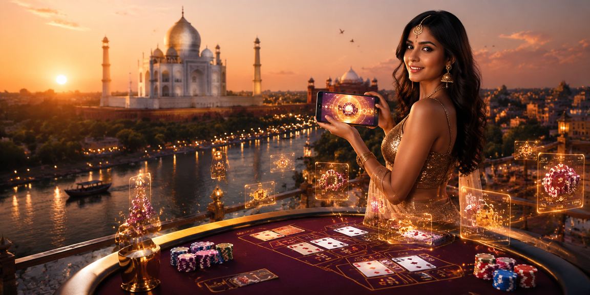 Elegant woman playing baccarat at a casino near Taj Mahal