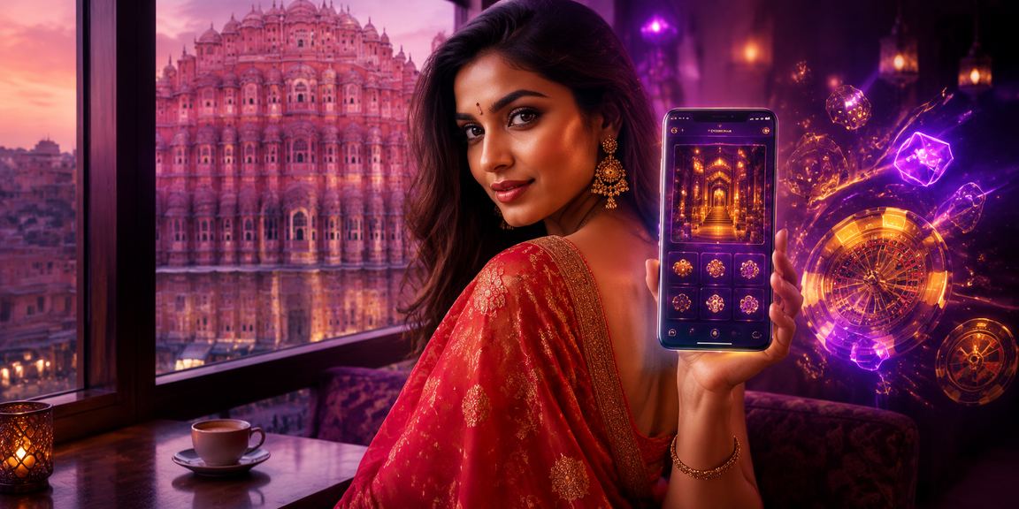 Young woman playing Teen Patti on mobile device in Jaipur with traditional setting