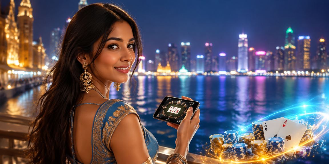 Players engaged in live online poker game with blue and gold theme, Mumbai